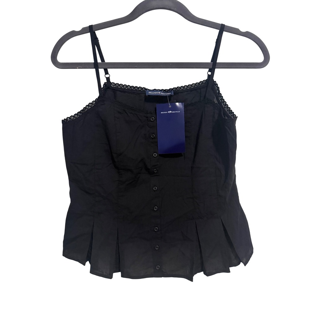 Brandy Melville Camisole Womens OS Black Lace Trim Button Front Pleated Top